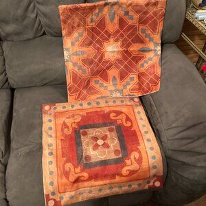 Moroccan Style Throw Pillow Covers (2) w/Side Zippers-Jute-17.25" X 17.7"-VGUC